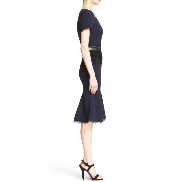 Jonathan Simkhai Navy Blue Crochet Fringe Fluted Bodycon Dress Midi - Picture 5 of 11